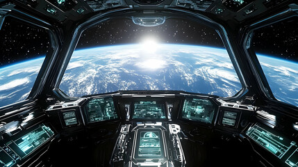 Wall Mural - Spaceship Cockpit Views Earth's Sunrise from Orbit, Futuristic Sci-Fi Digital Display Panels Glowing Brightly.