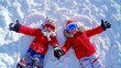 © Констянтин Батыльчук - Two children laying in the snow with their arms outstretched
