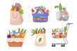 © Natalia - Market food bag. Basket full of groceries from supermarket. Delivery shop sale isolated cartoon flat elements. Grocery, fruits and vegetables, meat and fish. Vector store retail garish illustration