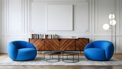  living room with a symmetrical layout. The room features two vibrant blue armchairs with a rounded design, positioned on either side of a set of three nested coffee tables with black metal frames 