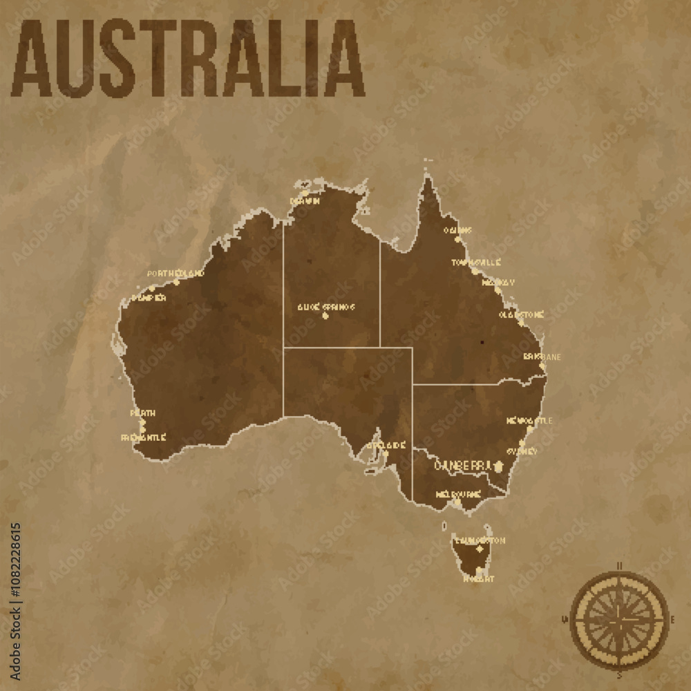 Rustic Map Australia Vintage AUSTRALIA Map with Regions Borders and Major Cities Positions ...