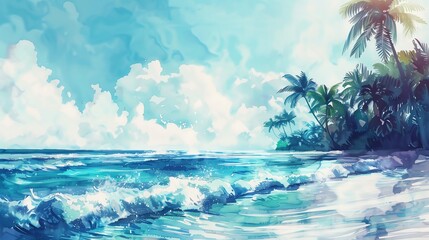 Wall Mural - Watercolor painting of a tropical beach with palm trees and ocean waves.