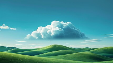 Wall Mural - A fluffy cloud nestled between rolling hills on a bright blue background.