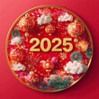 © Fathor - In a circular plate 3D rendering, the foreign New Year background, with a red and gold theme, the number '2025' in gold font is on top of the traditional elements. generative ai