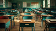 © motiur vector artist - Full frame of empty school desks and chairs in an old classroom, retro-style photography.