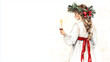 © LenaLensLife - A girl dressed as Santa Lucia, holding a candle with a festive wreath. Perfect for a Christmas card with copy space for text. Watercolor illustration.