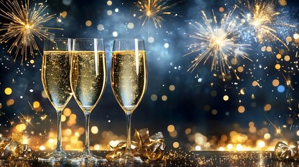 Wall Mural - vibrant new year celebration background featuring glittering fireworks, sparkling golden text, and f