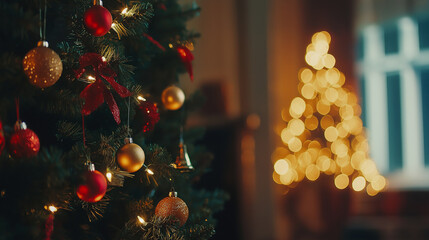 Wall Mural - A beautifully decorated Christmas tree shining in a cozy room during the holiday season with a softly glowing background tree