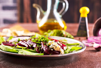 Canvas Print - Tasty salad of beetroot, cheese and nuts. Copy space.