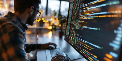 A programmer working on code at a computer with colorful text displayed on the screen.