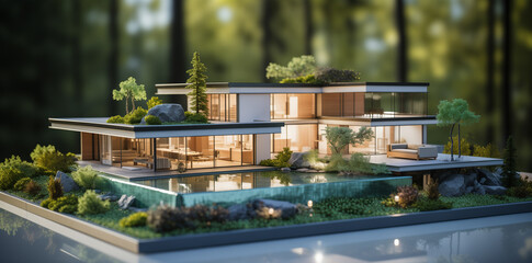 A model of a modern house on top of an architectural drawing, featuring a pool and garden. The background is blurred and green. 