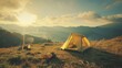 © ArpPSIqee - A cozy camping setup in a tranquil mountain landscape, Camping gear and tent neatly organized, Simple outdoor style