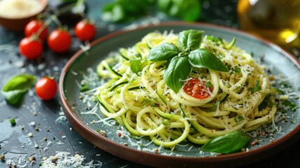 Wall Mural - Plate of pasta with basil and tomatoes on it, world vegetarian day, food background