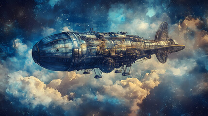 Wall Mural - Landscape with airship in the sky with clouds, steampunk style, blue background. generative ai. Steampunk. Illustration