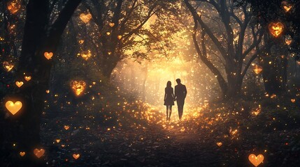 Poster - Enchanting Lovers  Forest Path Aglow with Heart Shaped Leaves at Dusk