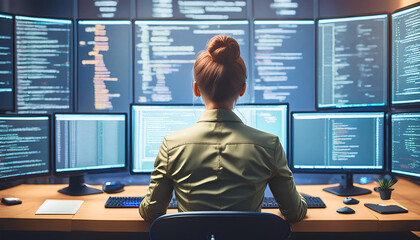 Developer monitors multiple screens displaying code in modern tech workspace, focused on programming tasks in front of large display setup. Generative AI