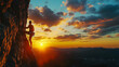 © HQAsset - Climber Ascends Rocky Cliff Face During a Vibrant Sunset Over Cityscape
