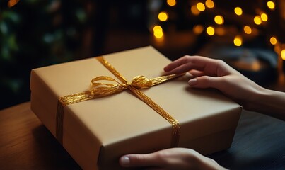 Wall Mural - A beautifully wrapped gift box with a golden ribbon, set against a cozy, festive backdrop.