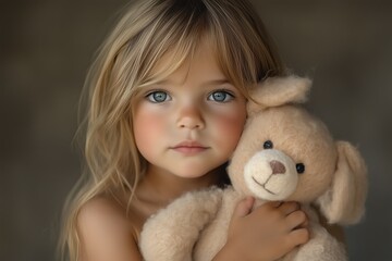 A young girl with a sad expression holding a teddy bear in a soft, natural light setting