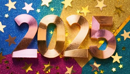Wall Mural -  text 2025 written in shiny numbers on colorful background with stars and sparkles, new year