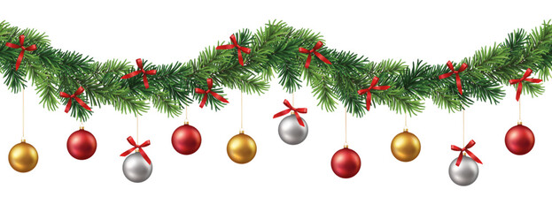 Wall Mural - vector decorative banner or seamless pattern with green branches and christmas ornaments and ribbons