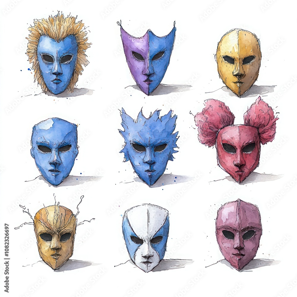 Theater Actor Comedy Masks Collection - Watercolor Clipart Illustration ...