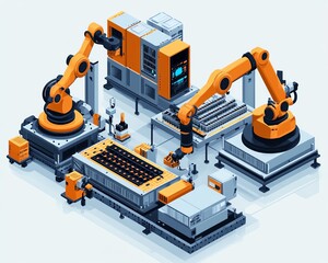 Poster - Electric vehicle production line with robotic arms assembling lithiumion batteries, modern industrial factory with bright lighting and precise automation