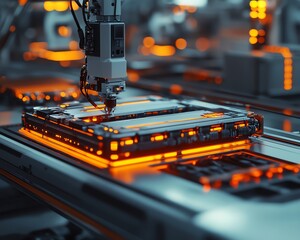 Poster - Electric vehicle production line with robotic arms assembling lithiumion batteries, modern industrial factory with bright lighting and precise automation