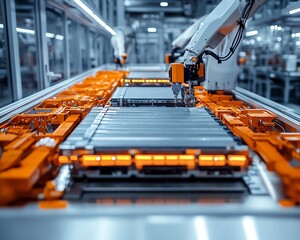Poster - Electric vehicle production line with robotic arms assembling lithiumion batteries, modern industrial factory with bright lighting and precise automation