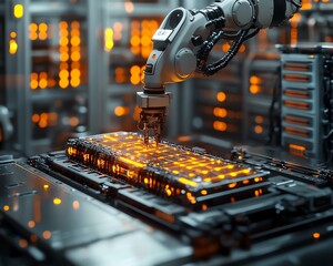 Aufkleber - Futuristic automated factory with robotic arms assembling lithiumion battery packs for electric vehicles, clean and efficient production process, advanced technology