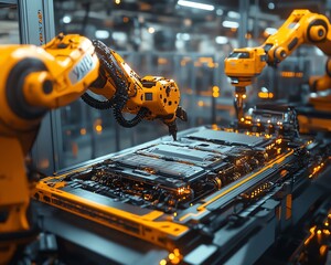 Poster - Futuristic automated factory with robotic arms assembling lithiumion battery packs for electric vehicles, clean and efficient production process, advanced technology