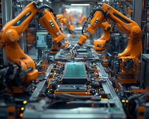 Aufkleber - Futuristic automated factory with robotic arms assembling lithiumion battery packs for electric vehicles, clean and efficient production process, advanced technology