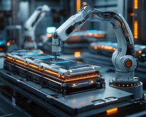 Aufkleber - Futuristic automated factory with robotic arms assembling lithiumion battery packs for electric vehicles, clean and efficient production process, advanced technology