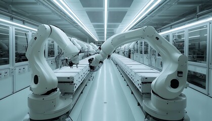 Poster - Hightech industrial robotic arms efficiently assembling lithiumion batteries for electric vehicle production, cuttingedge manufacturing facility