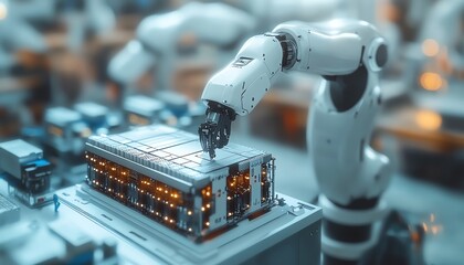 Poster - Hightech industrial robotic arms efficiently assembling lithiumion batteries for electric vehicle production, cuttingedge manufacturing facility