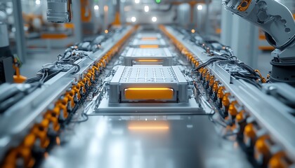 Poster - Hightech industrial robotic arms efficiently assembling lithiumion batteries for electric vehicle production, cuttingedge manufacturing facility