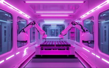 Poster - Industrial robotic arms assembling lithiumion batteries for electric vehicles, futuristic production line with bright lighting and sleek design, hightech factory setting
