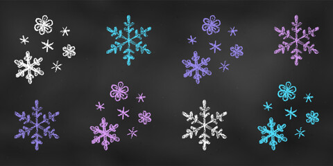 Wall Mural - Vintage Chalk Drawn Sketch. Set of Design Elements Compositions from Snowflakes Isolated on Chalkboard Backdrop.