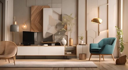 Wall Mural - Modern interior of living room with wooden cabinet and armchair home design 3d animation rendering 4K