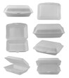 © POSMGUYS - Styrofoam lunch box or white foam clamshell food containers, open and closed. White styrofoam food box isolated. Lunch foam box