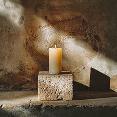 Wall Mural - Solitary Candle on Ancient Stone Altar in Minimalist Temple Composition