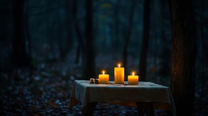 Poster - Candlelit Dinner Table in Enchanting Forest Setting Exuding Intimate Magical Atmosphere