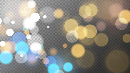Poster - Bright festive bokeh lights. Abstract blurred overlay design. Transparent background. Vibrant blur light effect. Graphic template. Vector illustration.