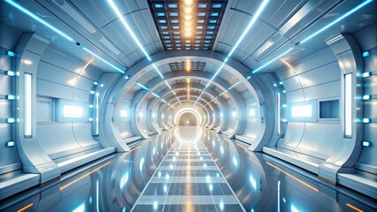 Wall Mural - Panoramic View of a Futuristic 3D Room Illuminated by Bright White Light Featuring an Abstract Space Technology Tunnel with Sleek Lines and Glowing Accents for Modern Aesthetics