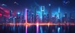 © Almahyra - A futuristic city skyline with neon lights reflecting in the water at night.