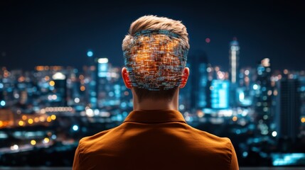 Futuristic Cityscape Man with Digital Brain Innovation Concept