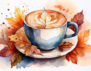 Wall Mural - A watercolor illustration of a blue cup of coffee with latte art, accompanied by autumn leaves, blending warm and cool tones