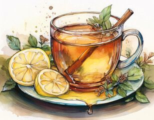 Wall Mural - A steaming cup of tea with lemon and honey, drizzling down the side of the glass