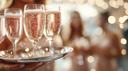 A close-up of a tray with champagne glasses being carried by a waiter at a sophisticated event, surrounded by soft light and blurred guests in the background.