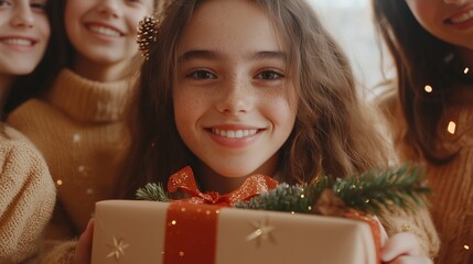 Wall Mural - A young woman smiles brightly as she holds a gift box with a red ribbon